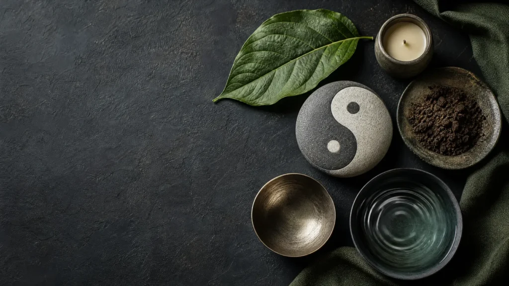 A thoughtful still life of five natural elements and a yin-yang stone, representing balance in Traditional Chinese Medicine.