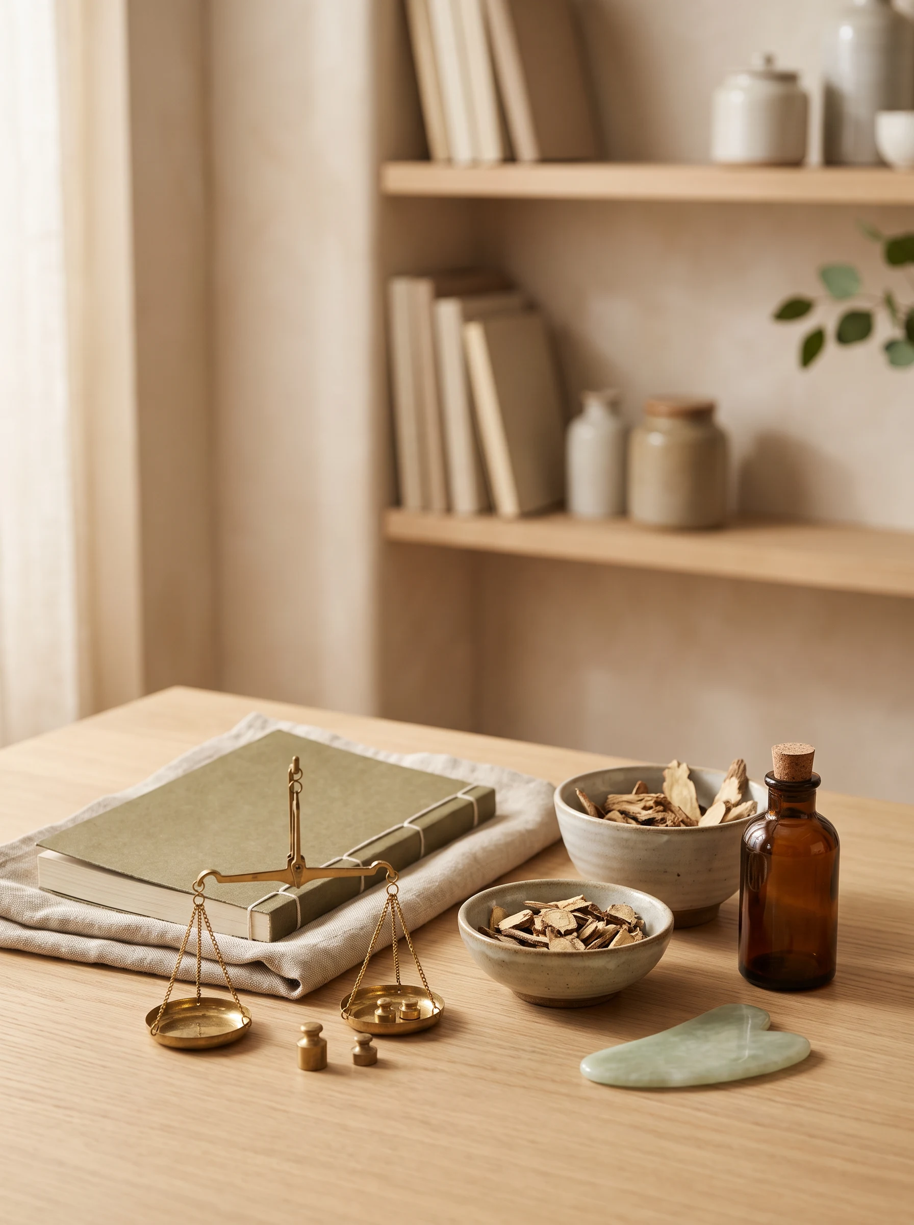 Dried Chinese herbs, a brass balance scale, jade gua sha tool and an unmarked study book on linen.
