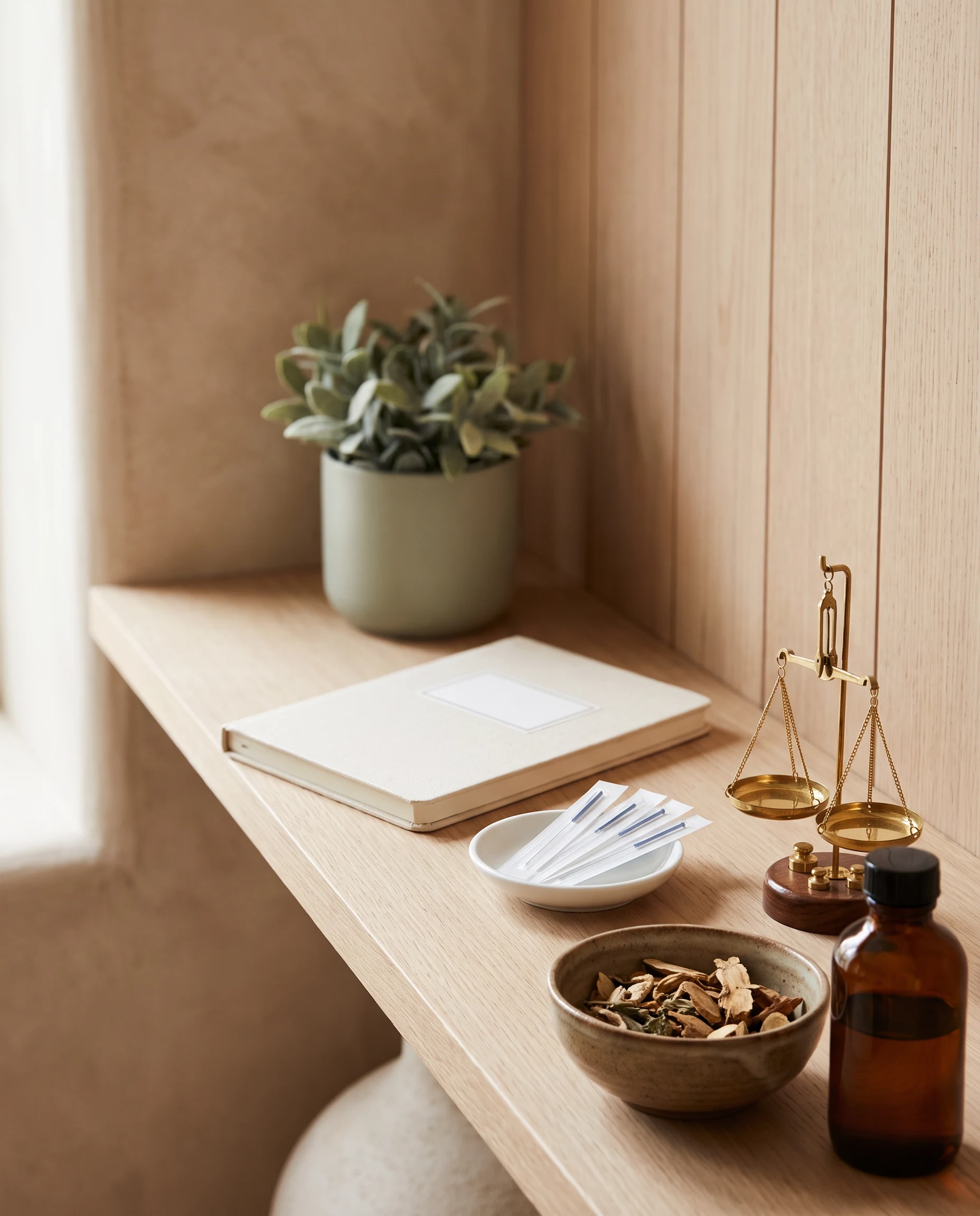 Sterile acupuncture needles, a balance scale, dried Chinese herbs and an amber bottle on a warm clinic shelf.