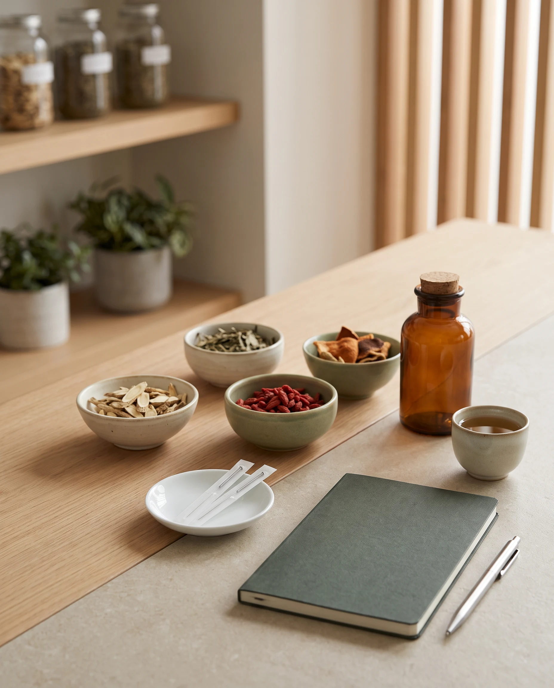 A consultation notebook, sterile acupuncture needles, dried Chinese herbs and herbal tea arranged together on a warm clinic surface.