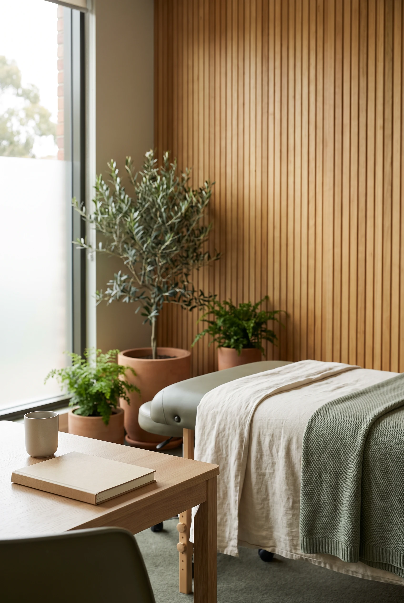 An empty prepared treatment table and consultation desk in a warm, modern clinic room.