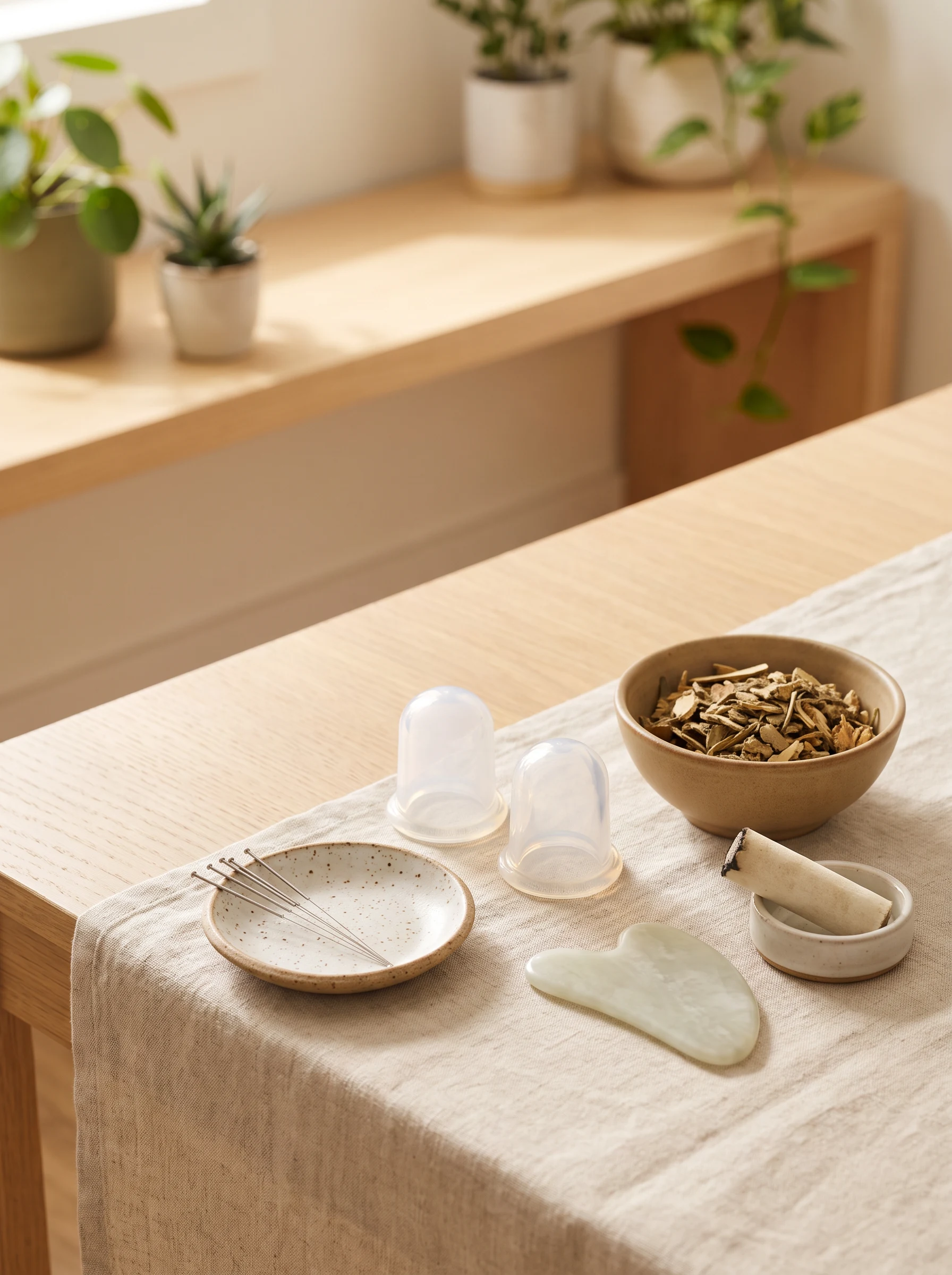 Acupuncture needles, silicone cups, a jade gua sha tool, moxa and dried herbs arranged on linen.