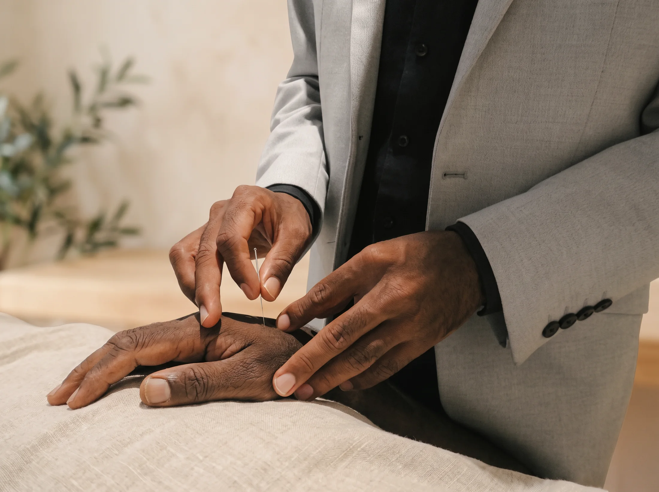 Ahil Ganesan placing an acupuncture needle in a patient's hand