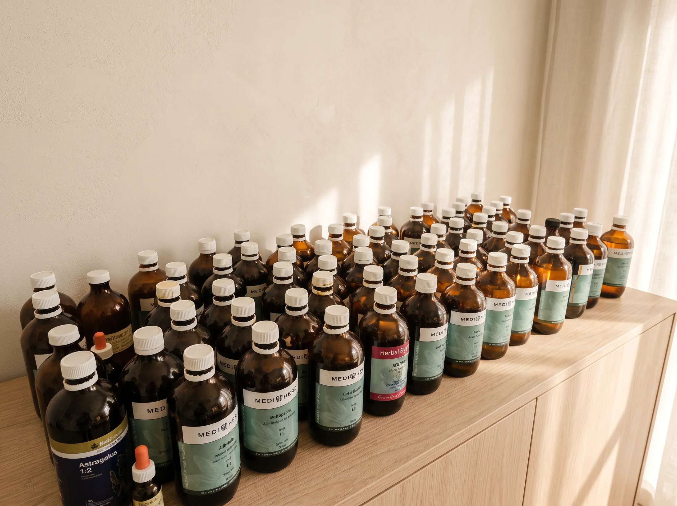 Rows of liquid herbal extracts in the clinic dispensary