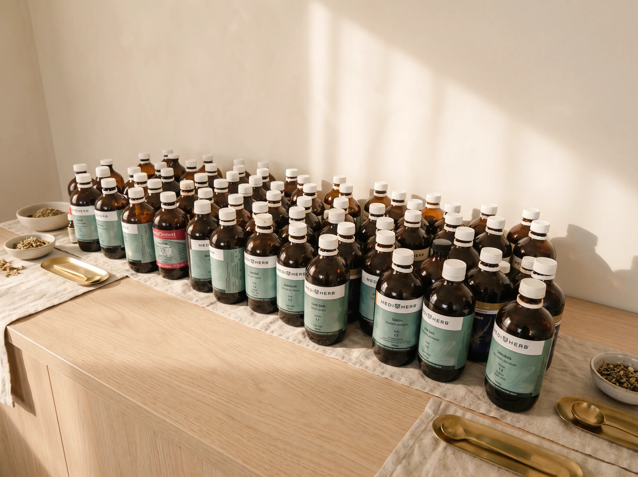 Liquid herbal extracts lined up on the dispensary bench