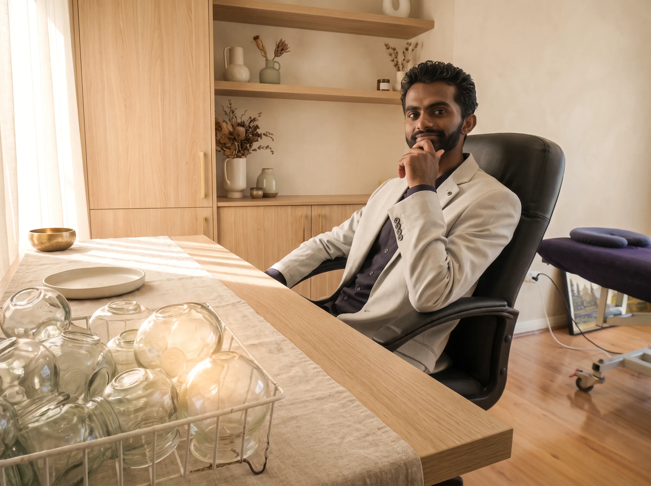 Ahil Ganesan seated at his consultation desk at Project Dao, Alexandria