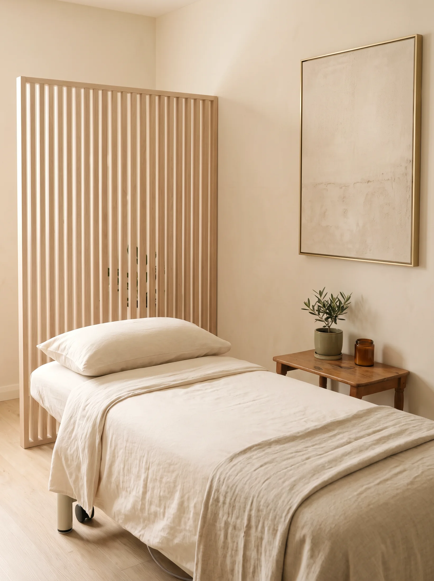 Treatment room at Project Dao with a made-up treatment table and timber screen