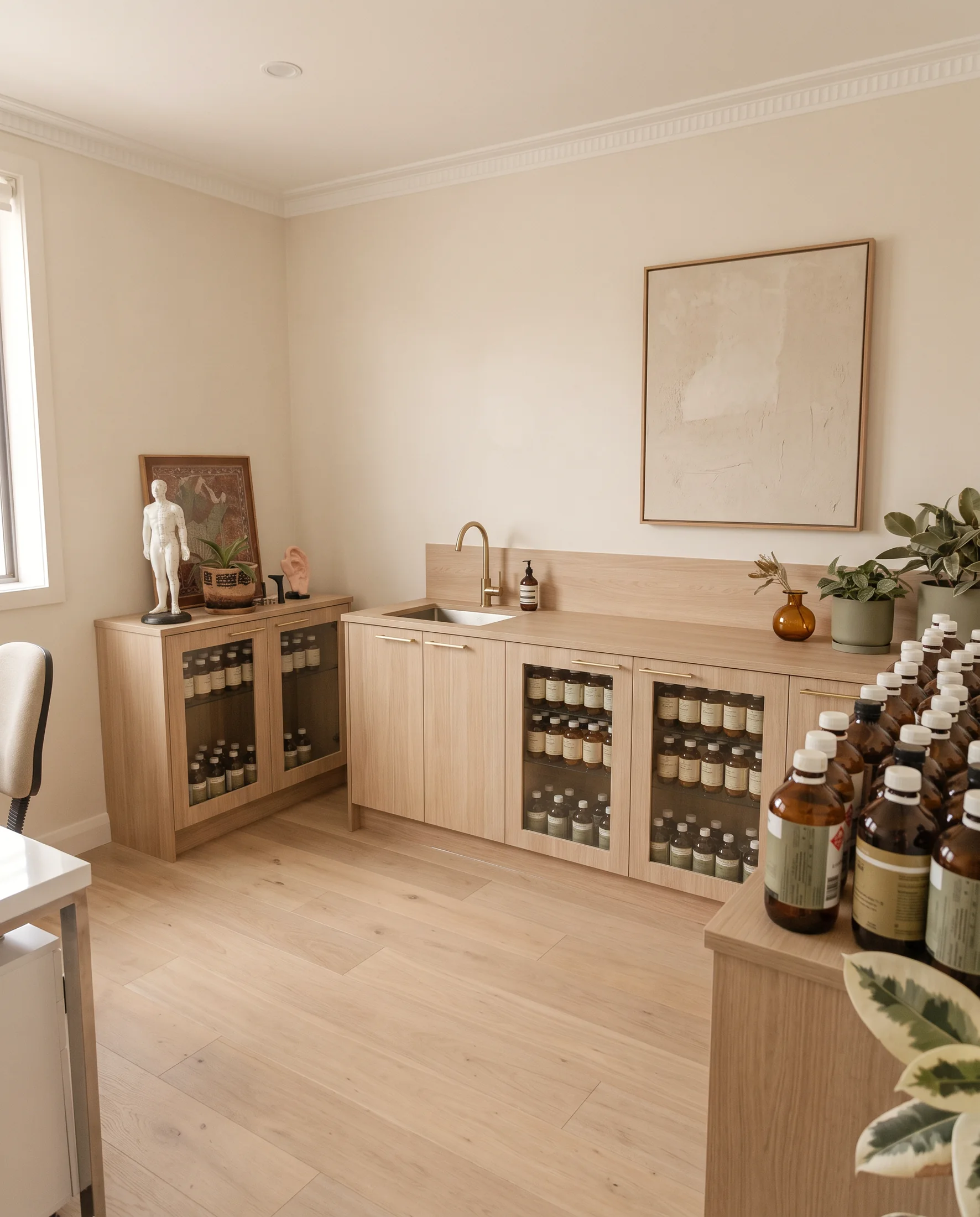 Consultation room at Project Dao with timber cabinets and herbal dispensary shelves